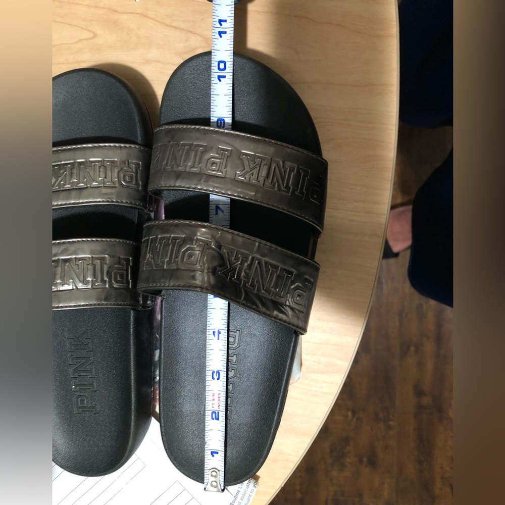 PINK Black/ Silver Double Strap Logo Sandals